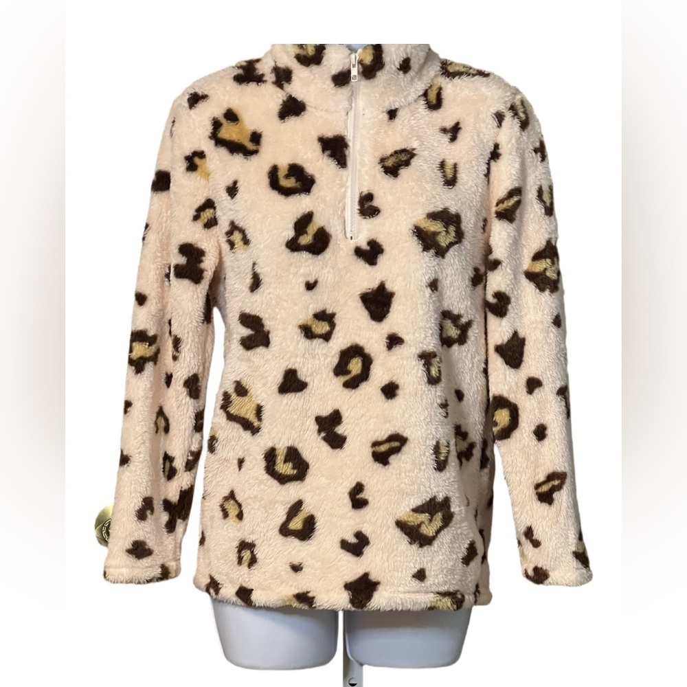 Peach Brown Tan Fluffy Soft Leopard Print Fleece Pullover with Partial Zipper